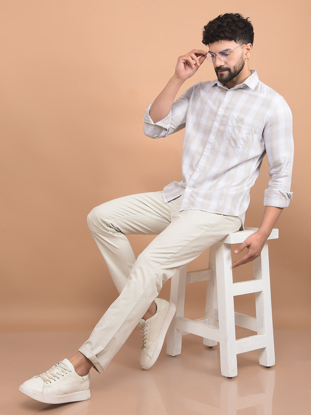 Beige Checked 100% Cotton Shirt-Men Shirts-Crimsoune Club