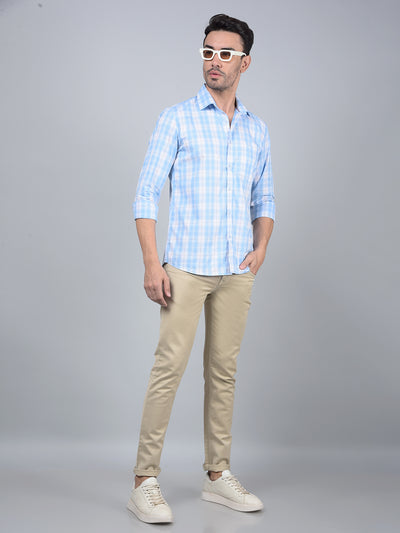 Blue Checked 100% Cotton Shirt-Men Shirts-Crimsoune Club