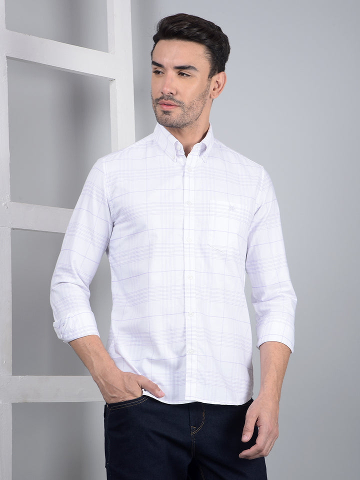 White Checked 100% Cotton Button Down Collar Shirt-Men Shirts-Crimsoune Club