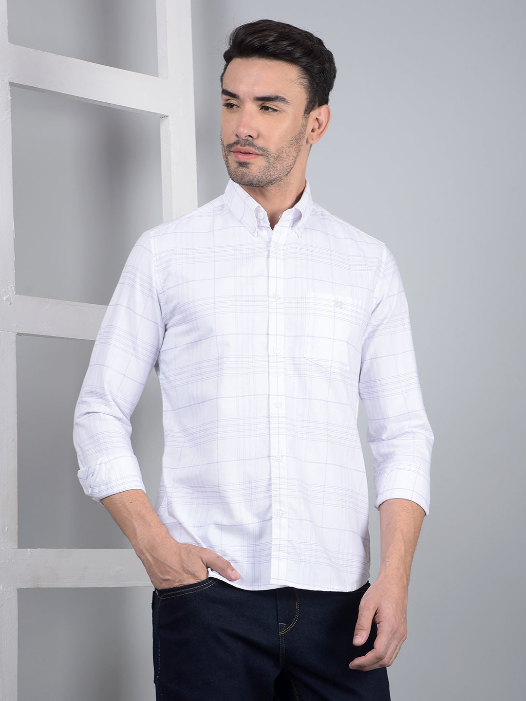 White Checked 100% Cotton Button Down Collar Shirt-Men Shirts-Crimsoune Club
