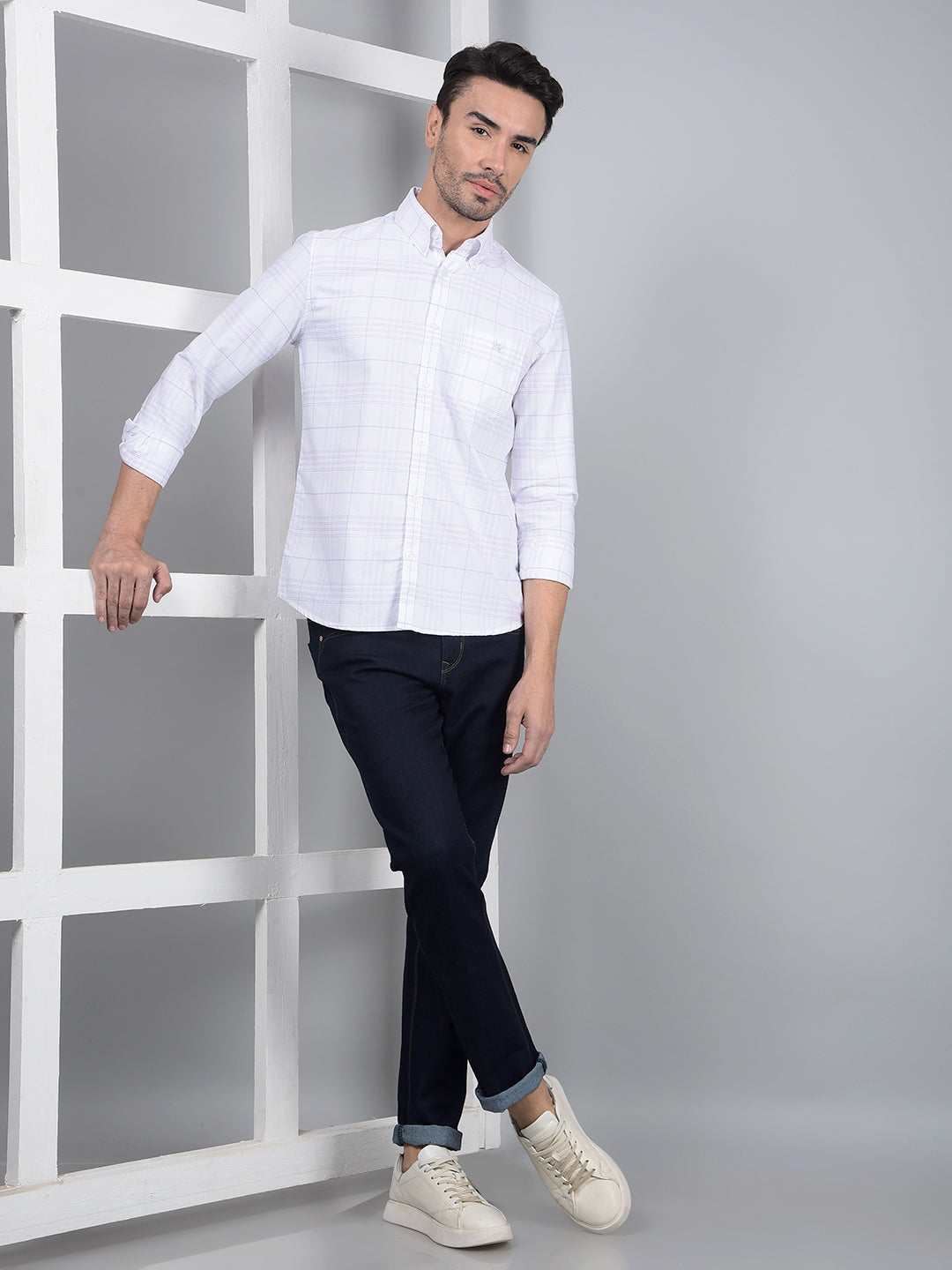 White Checked 100% Cotton Button Down Collar Shirt-Men Shirts-Crimsoune Club