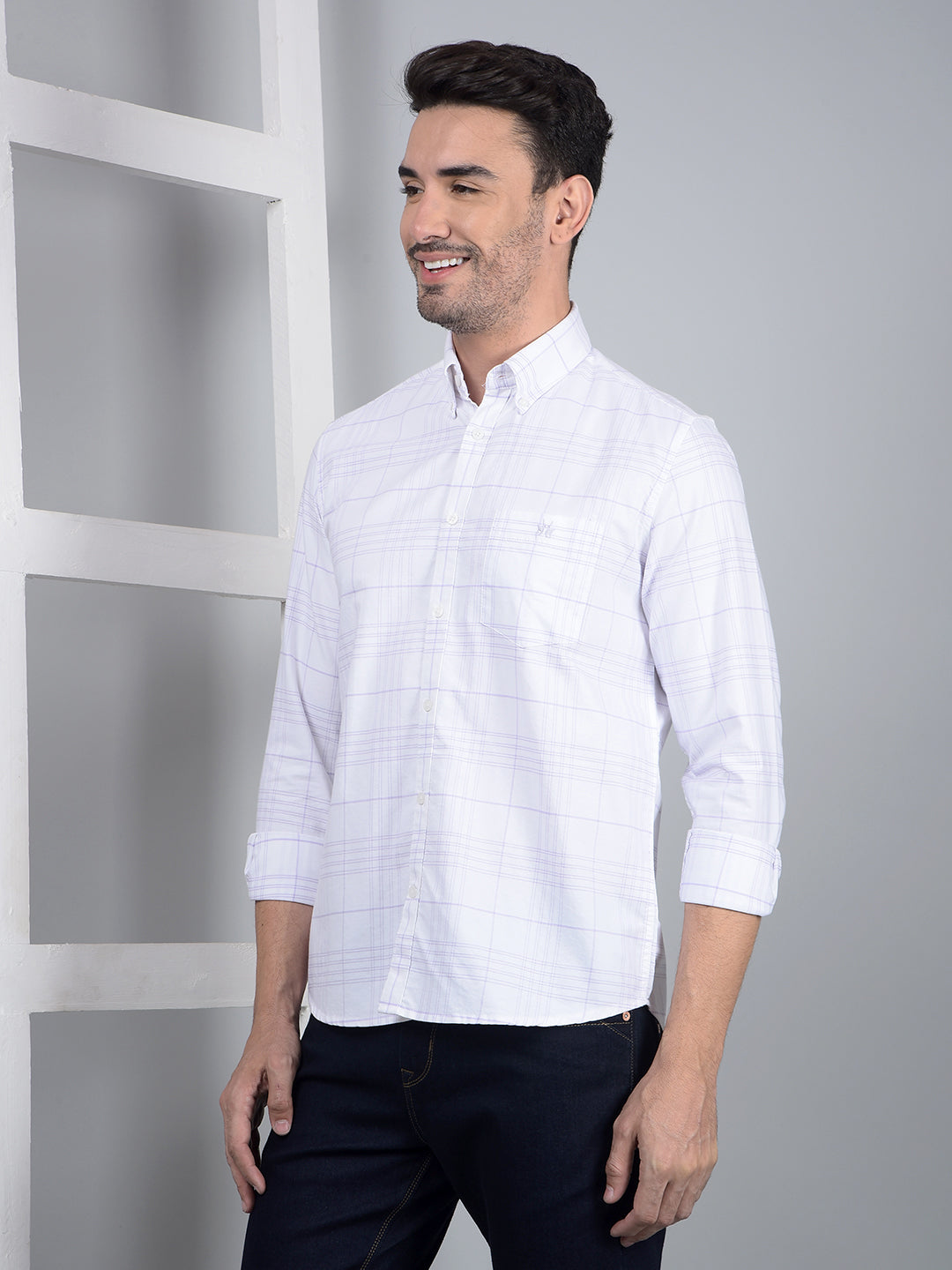 White Checked 100% Cotton Button Down Collar Shirt-Men Shirts-Crimsoune Club