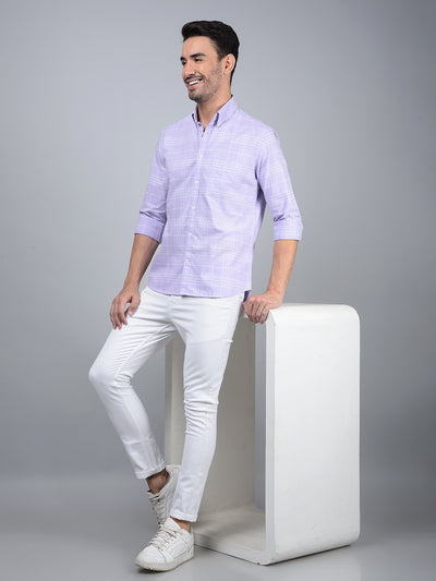 Purple Checked 100% Cotton Button Down Collar Shirt-Men Shirts-Crimsoune Club