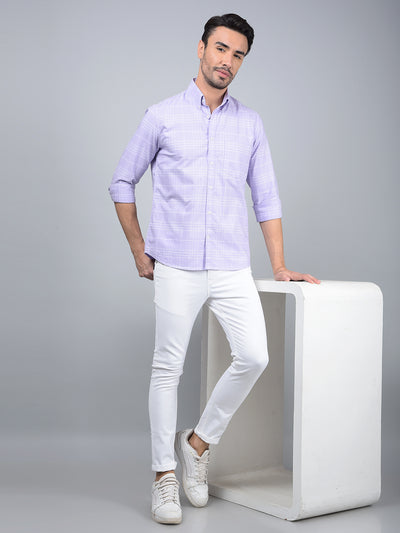 Purple Checked 100% Cotton Button Down Collar Shirt-Men Shirts-Crimsoune Club