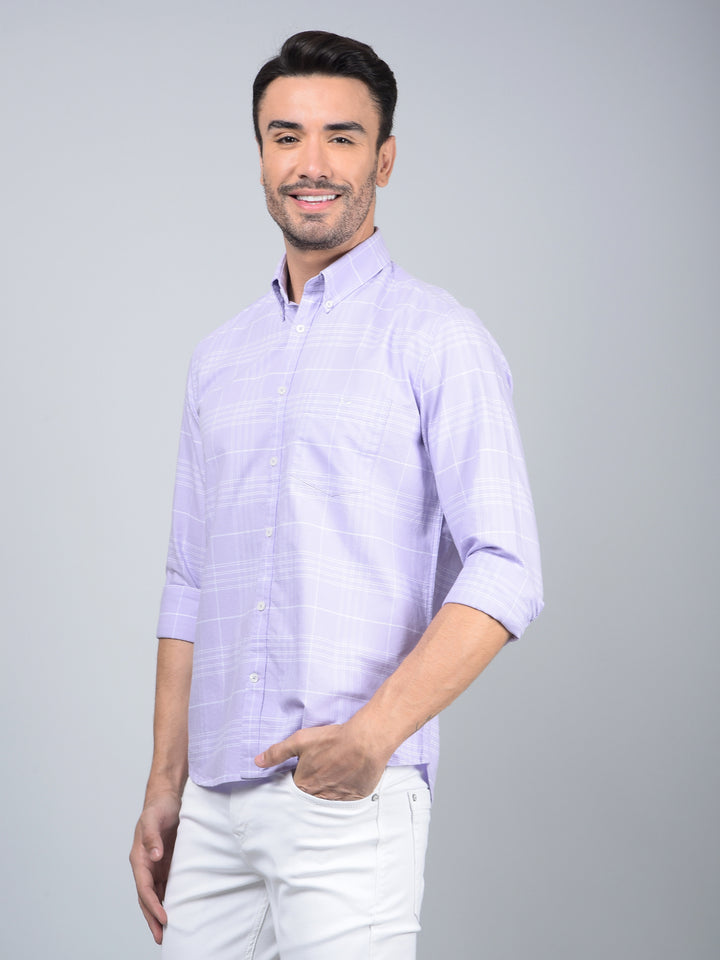 Purple Checked 100% Cotton Button Down Collar Shirt-Men Shirts-Crimsoune Club