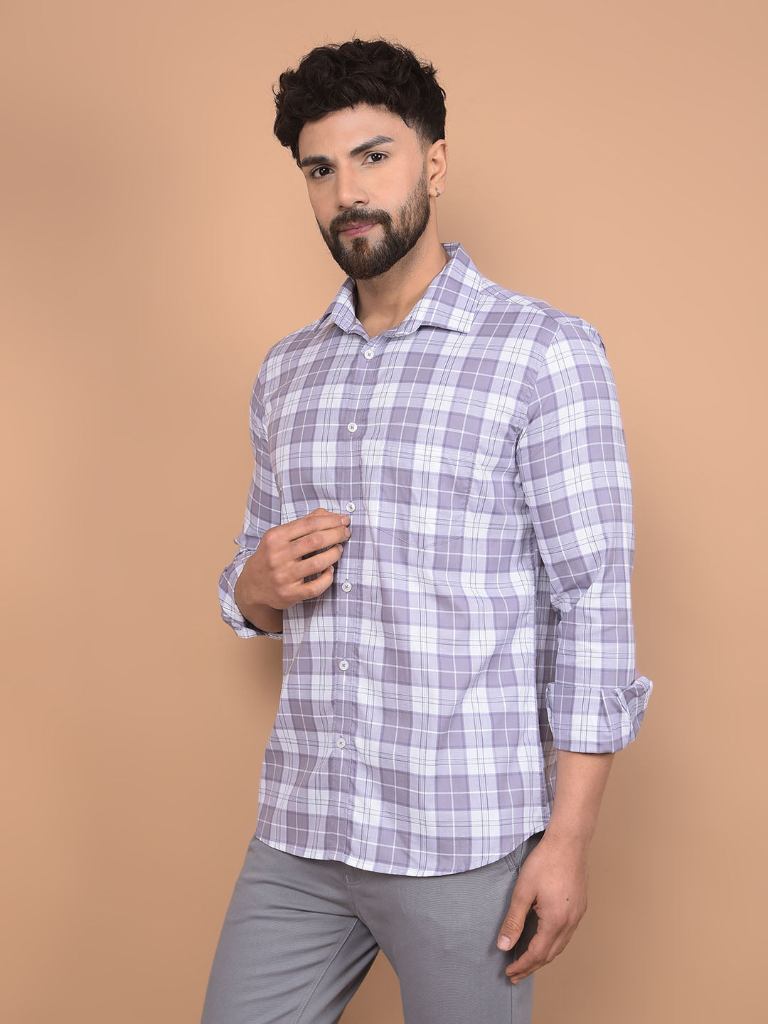 Purple Checked 100% Cotton Shirt-Men Shirts-Crimsoune Club