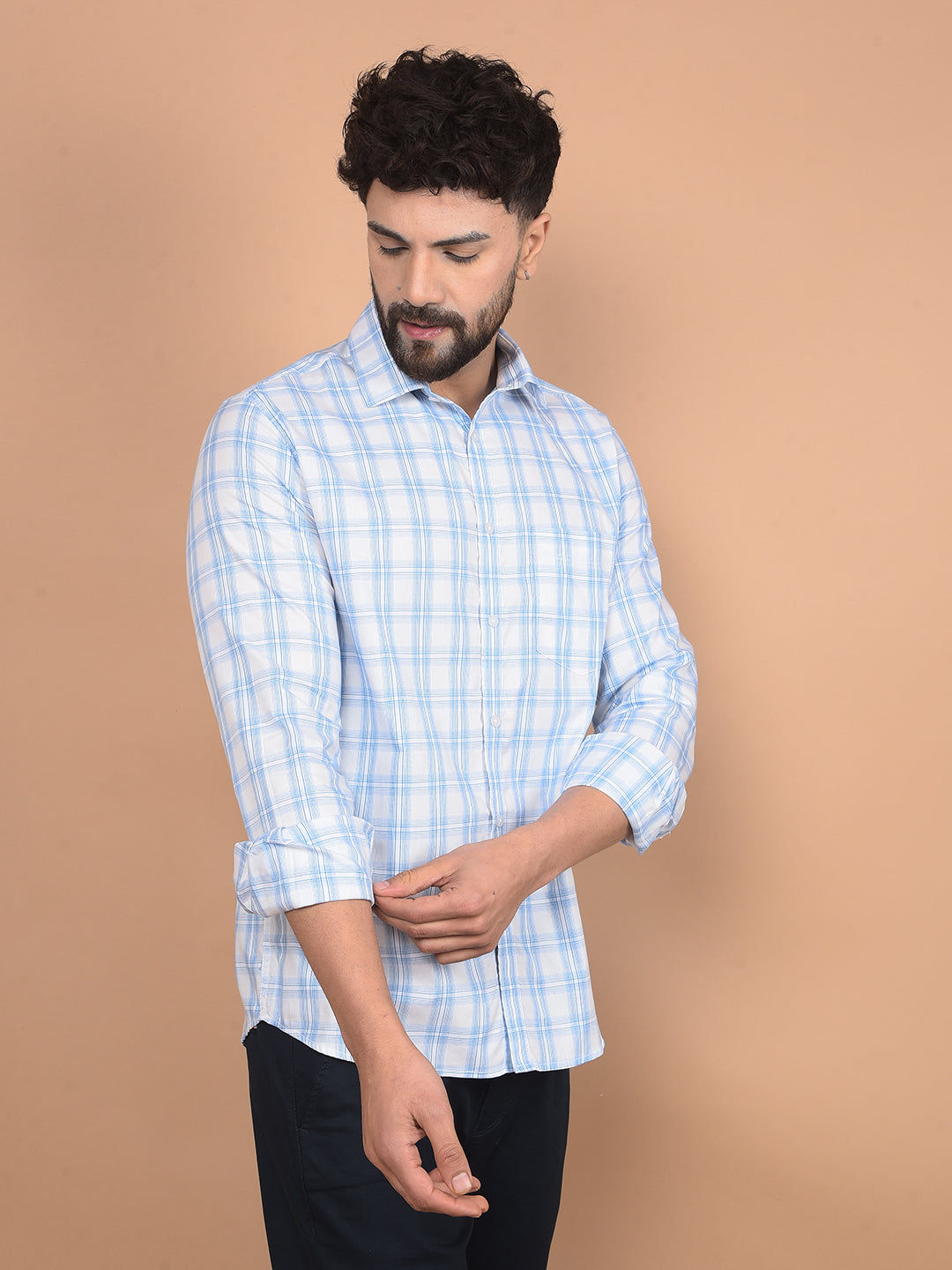 Blue Checked 100% Cotton Shirt-Men Shirts-Crimsoune Club