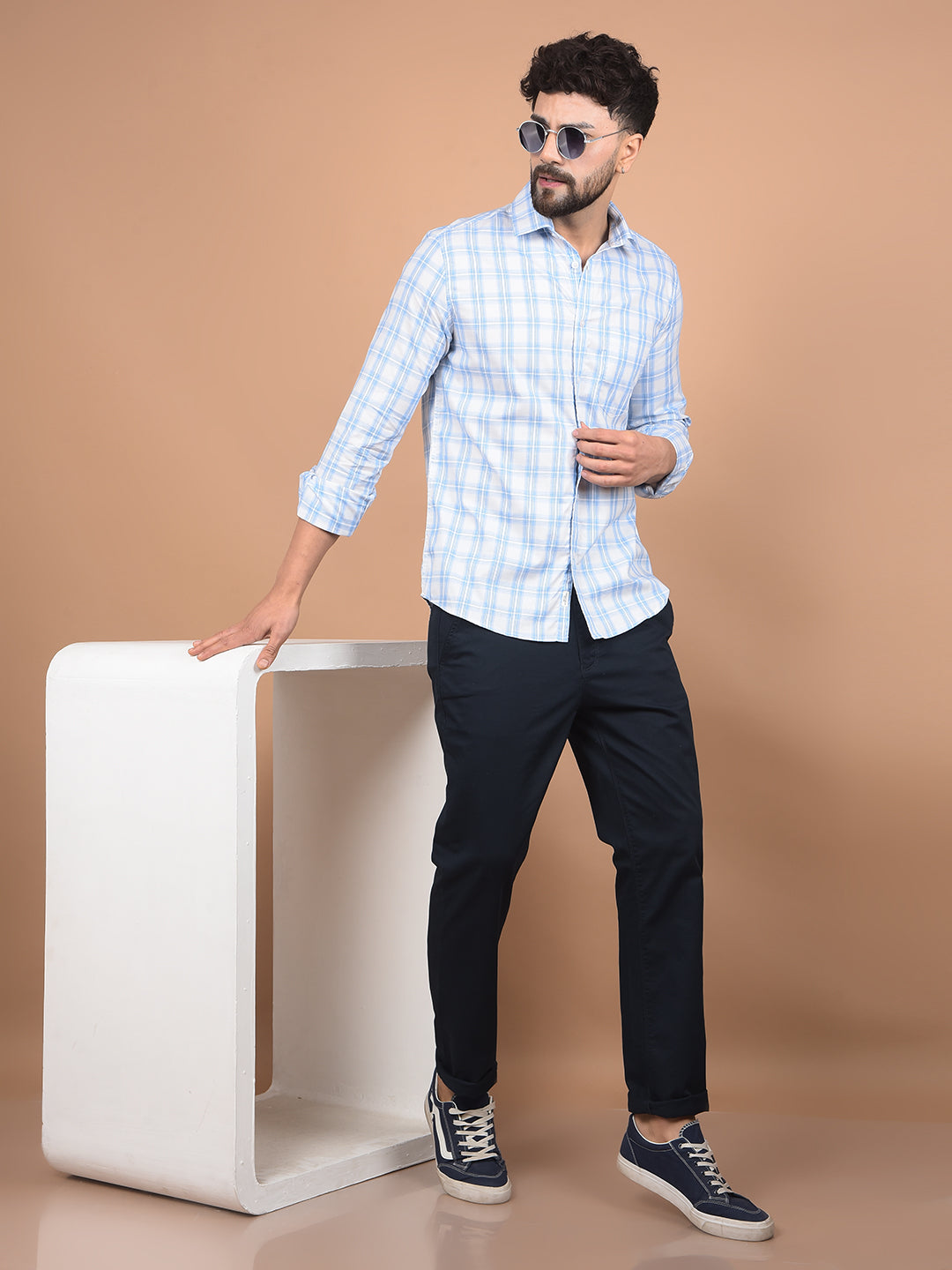 Blue Checked 100% Cotton Shirt-Men Shirts-Crimsoune Club