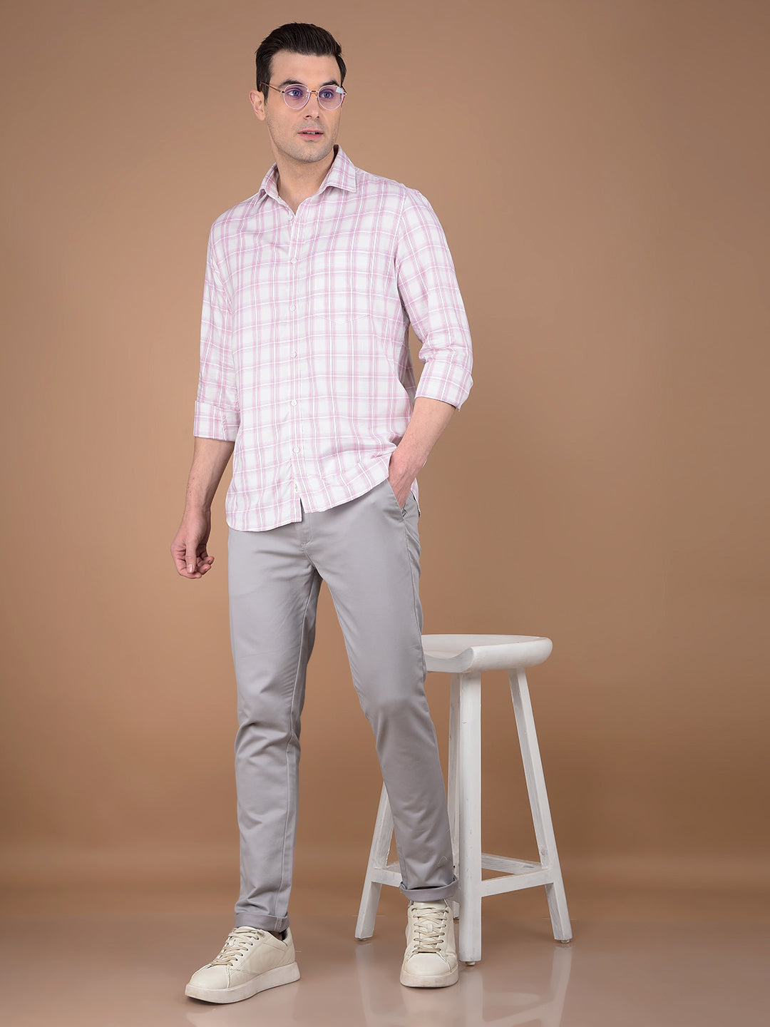 Pink Checked 100% Cotton Shirt-Men Shirts-Crimsoune Club