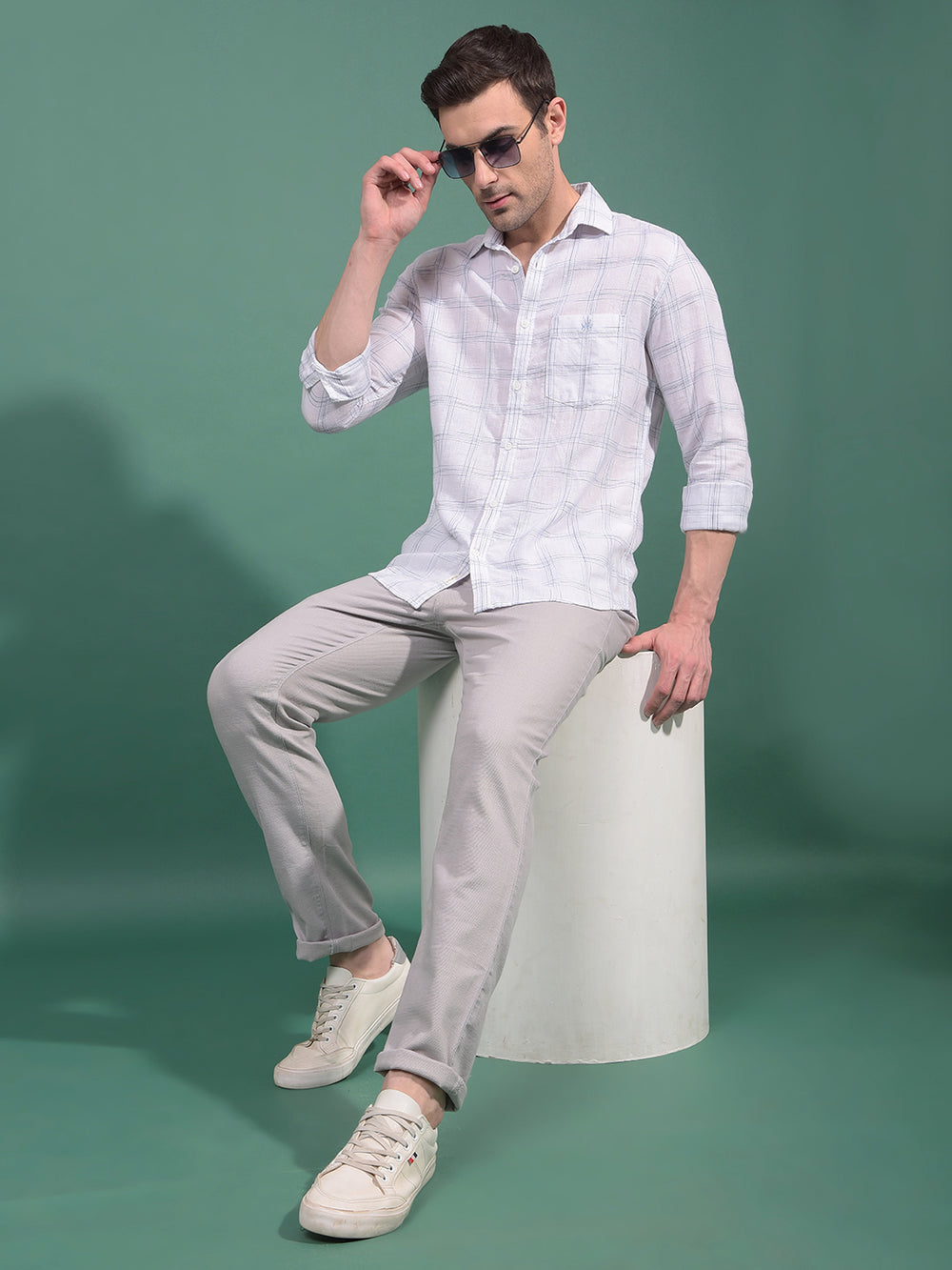White Checked Linen Shirt-Men Shirts-Crimsoune Club
