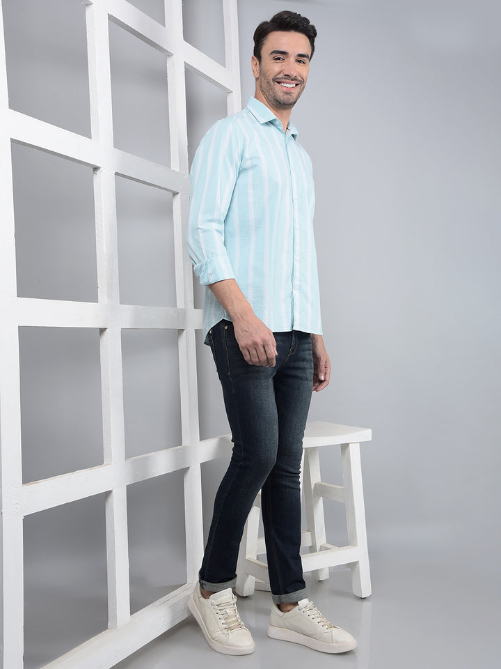 Blue Vertical Stripes 100% Cotton Shirt-Men Shirts-Crimsoune Club