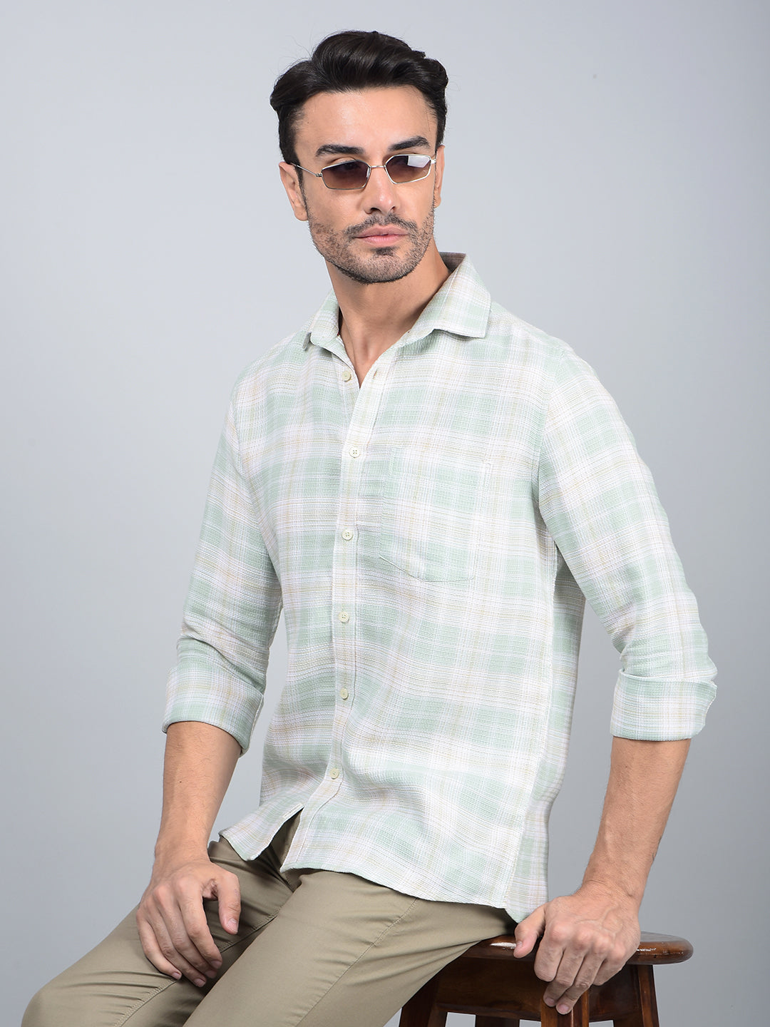 Green Checked 100% Cotton Shirt-Men Shirts-Crimsoune Club