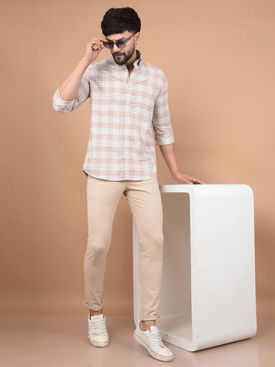 Khaki Checked 100% Cotton Button-Down Collar Shirt-Men Shirts-Crimsoune Club