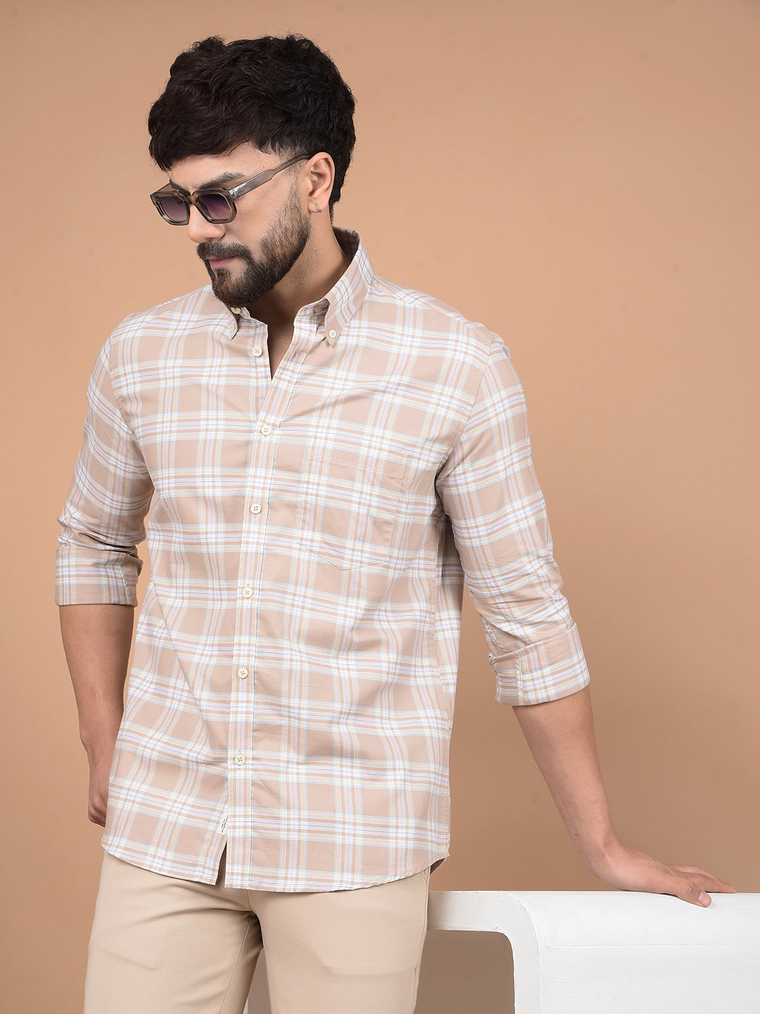 Khaki Checked 100% Cotton Button-Down Collar Shirt-Men Shirts-Crimsoune Club