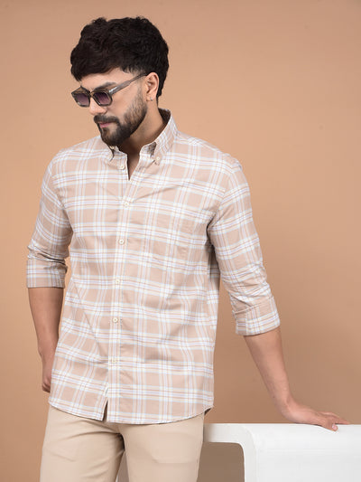 Khaki Checked 100% Cotton Button-Down Collar Shirt-Men Shirts-Crimsoune Club