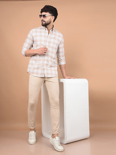 Khaki Checked 100% Cotton Button-Down Collar Shirt-Men Shirts-Crimsoune Club