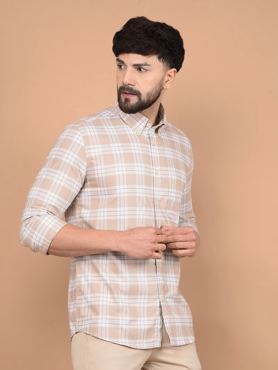 Khaki Checked 100% Cotton Button-Down Collar Shirt-Men Shirts-Crimsoune Club