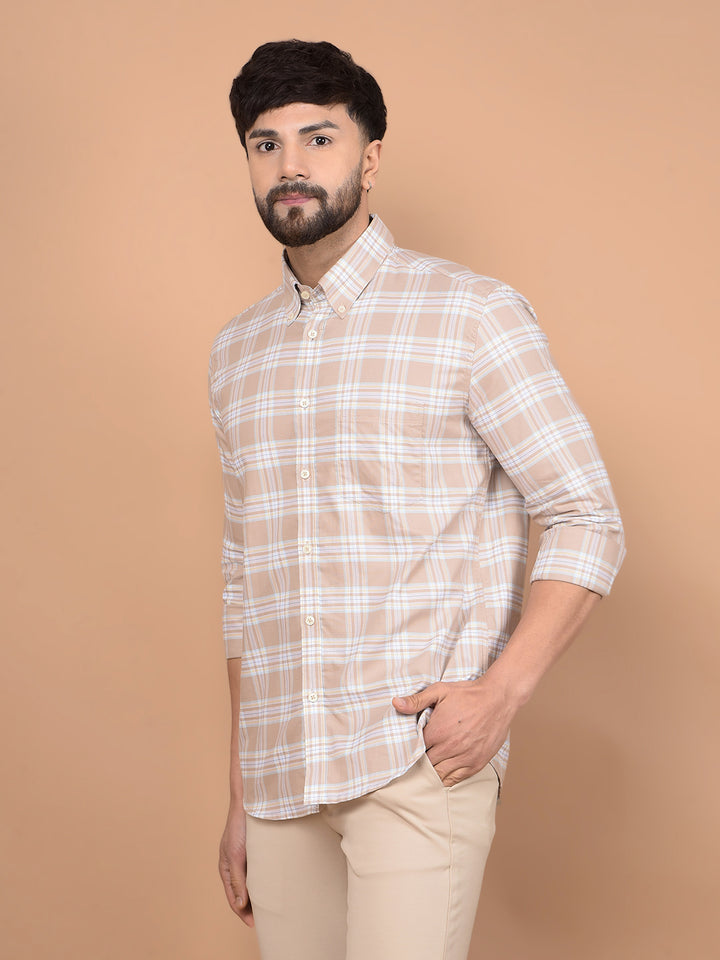 Khaki Checked 100% Cotton Button-Down Collar Shirt-Men Shirts-Crimsoune Club