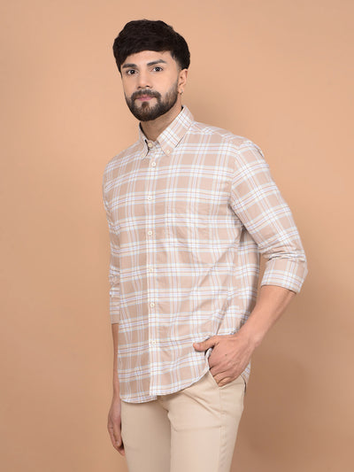 Khaki Checked 100% Cotton Button-Down Collar Shirt-Men Shirts-Crimsoune Club