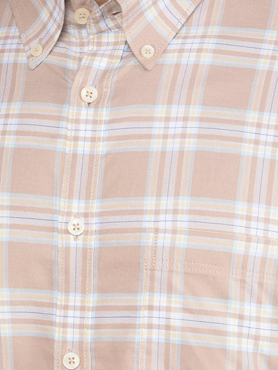 Khaki Checked 100% Cotton Button-Down Collar Shirt-Men Shirts-Crimsoune Club