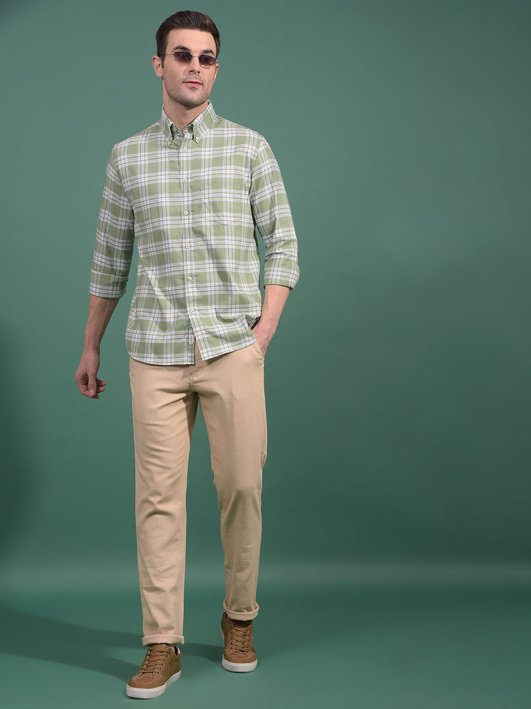 Green Checked Button Down Collar 100% Cotton Shirt-Men Shirts-Crimsoune Club
