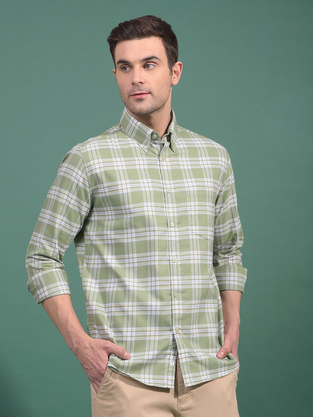 Green Checked Button Down Collar 100% Cotton Shirt-Men Shirts-Crimsoune Club