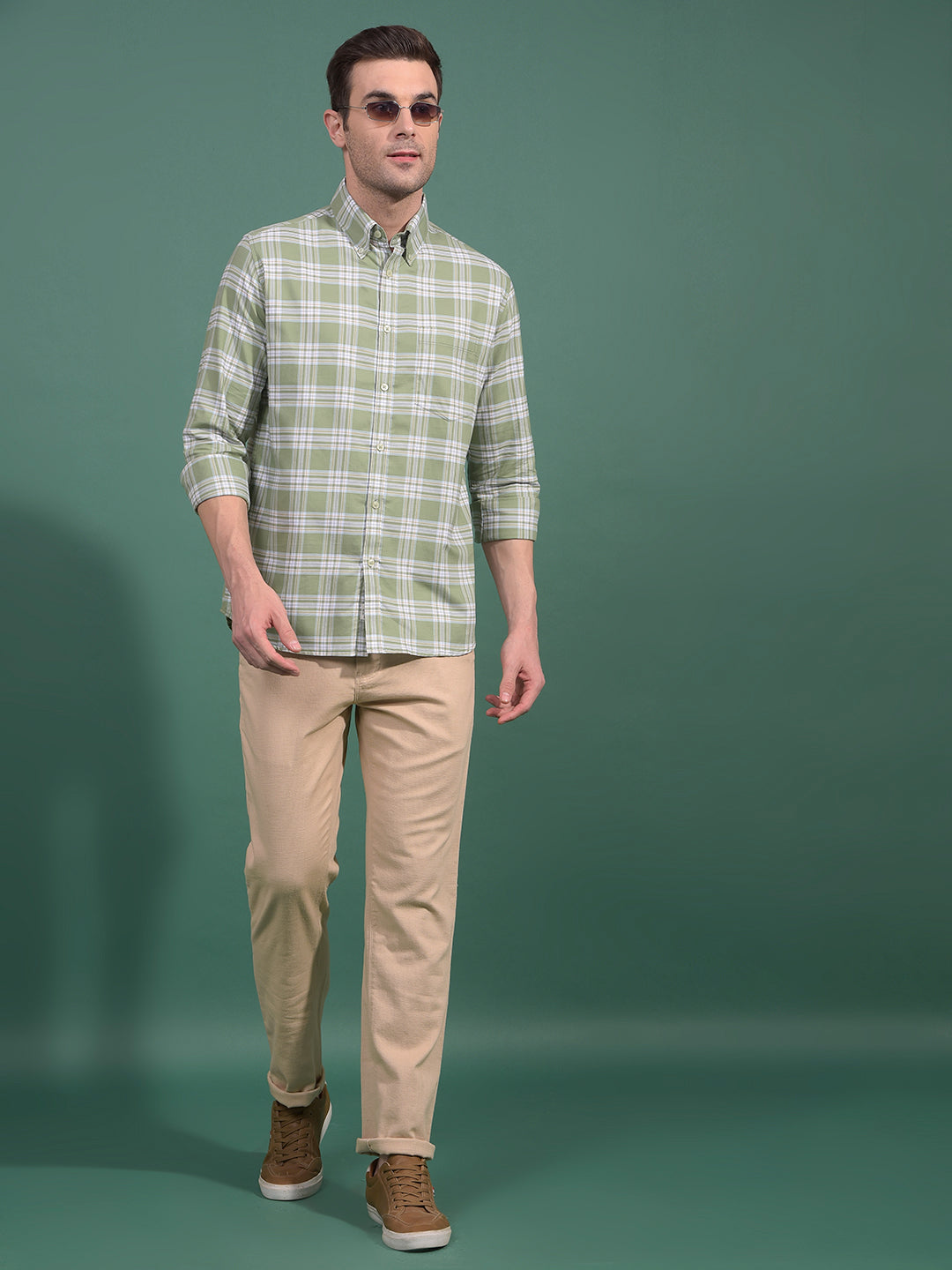 Green Checked Button Down Collar 100% Cotton Shirt-Men Shirts-Crimsoune Club
