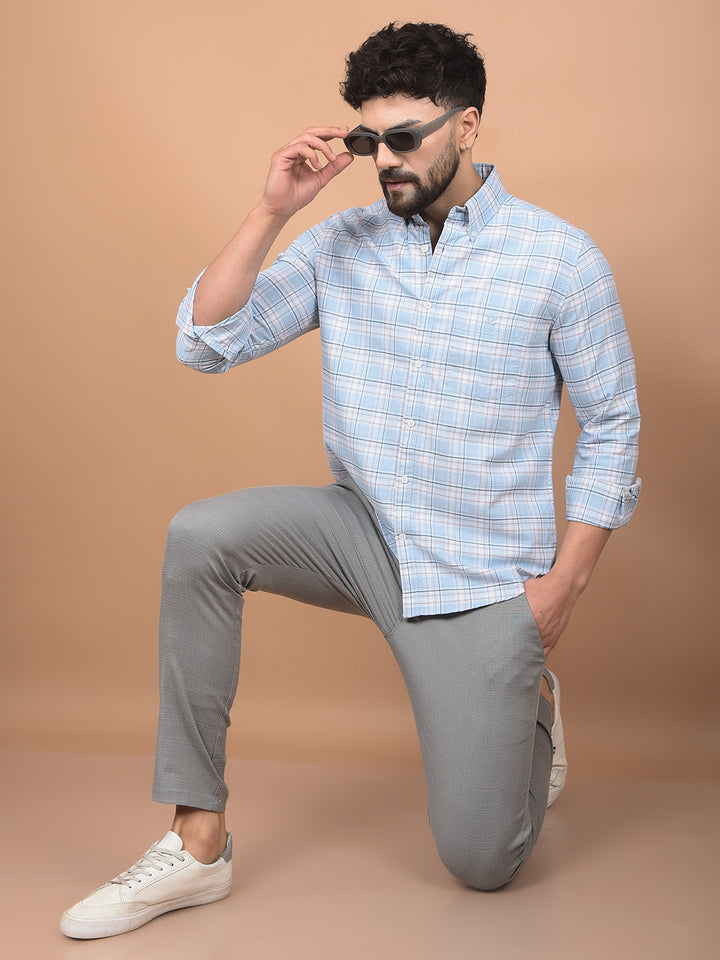 Blue Checked 100% Cotton Button-Down Collar Shirt-Men Shirts-Crimsoune Club