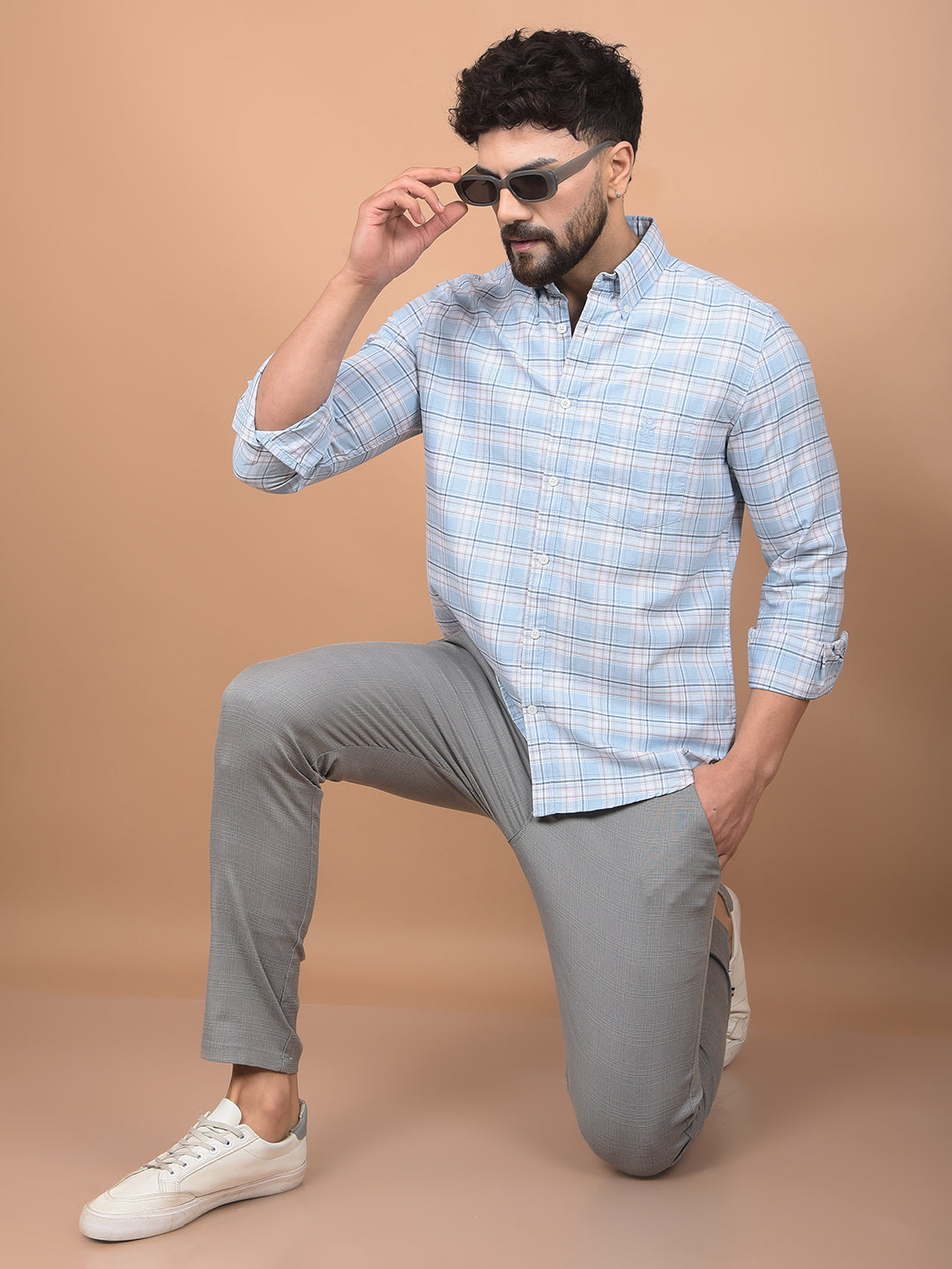 Blue Checked 100% Cotton Button-Down Collar Shirt-Men Shirts-Crimsoune Club