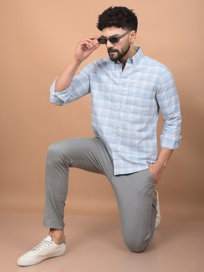 Blue Checked 100% Cotton Button-Down Collar Shirt-Men Shirts-Crimsoune Club