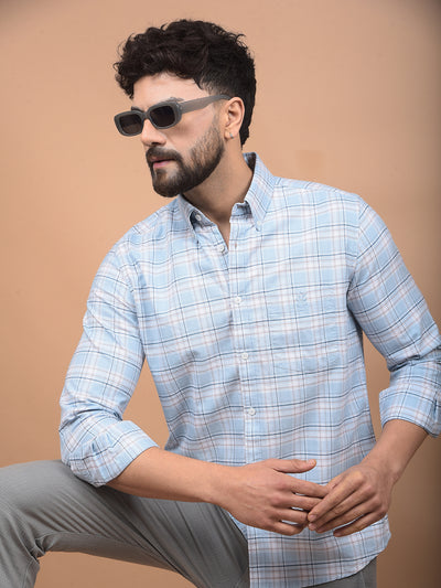Blue Checked 100% Cotton Button-Down Collar Shirt-Men Shirts-Crimsoune Club
