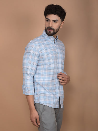 Blue Checked 100% Cotton Button-Down Collar Shirt-Men Shirts-Crimsoune Club