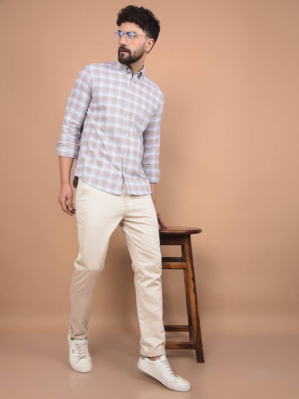 Purple Checked 100% Cotton Button-Down Collar Shirt-Men Shirts-Crimsoune Club