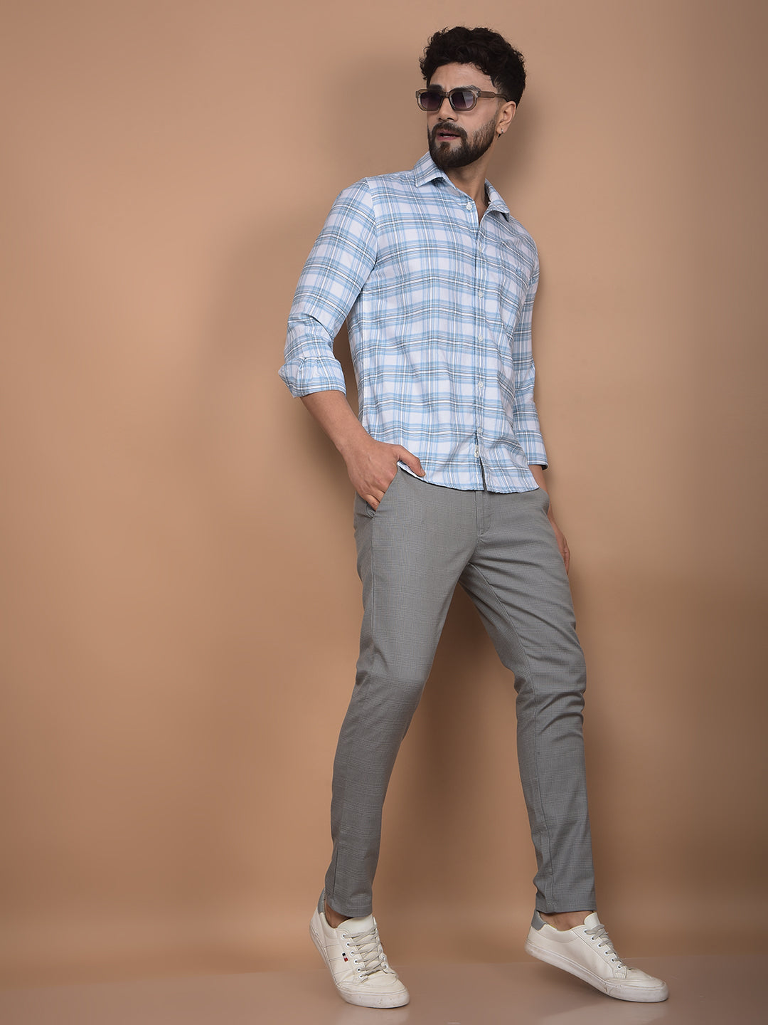 Blue Checked 100% Cotton Shirt-Men Shirts-Crimsoune Club