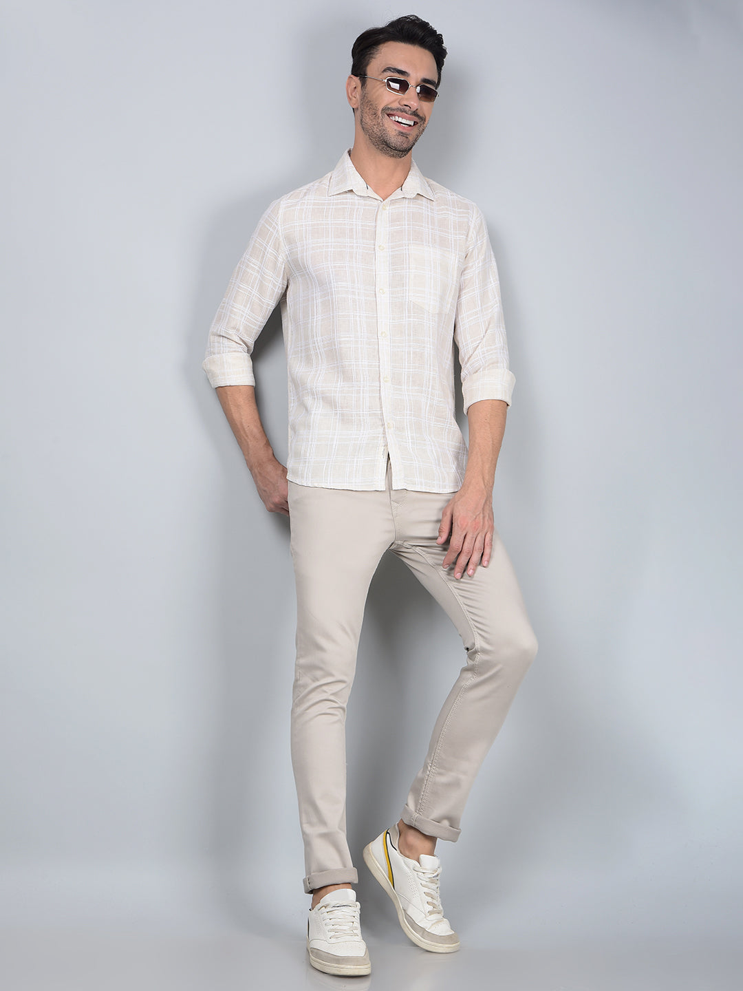 Beige Checked Linen Shirt-Men Shirts-Crimsoune Club