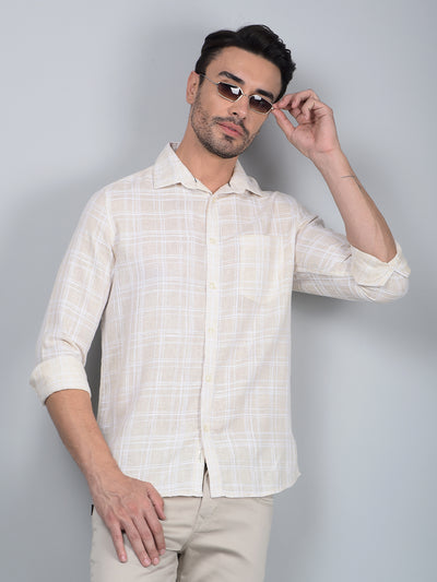 Beige Checked Linen Shirt-Men Shirts-Crimsoune Club