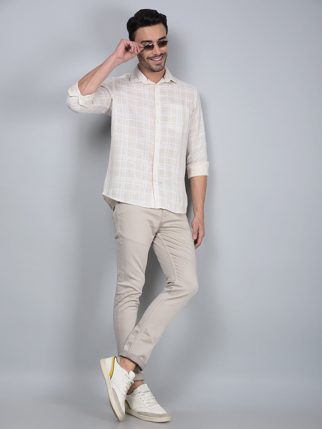 Beige Checked Linen Shirt-Men Shirts-Crimsoune Club