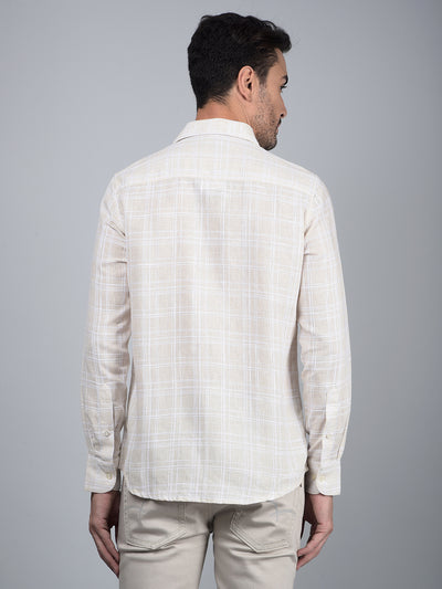 Beige Checked Linen Shirt-Men Shirts-Crimsoune Club