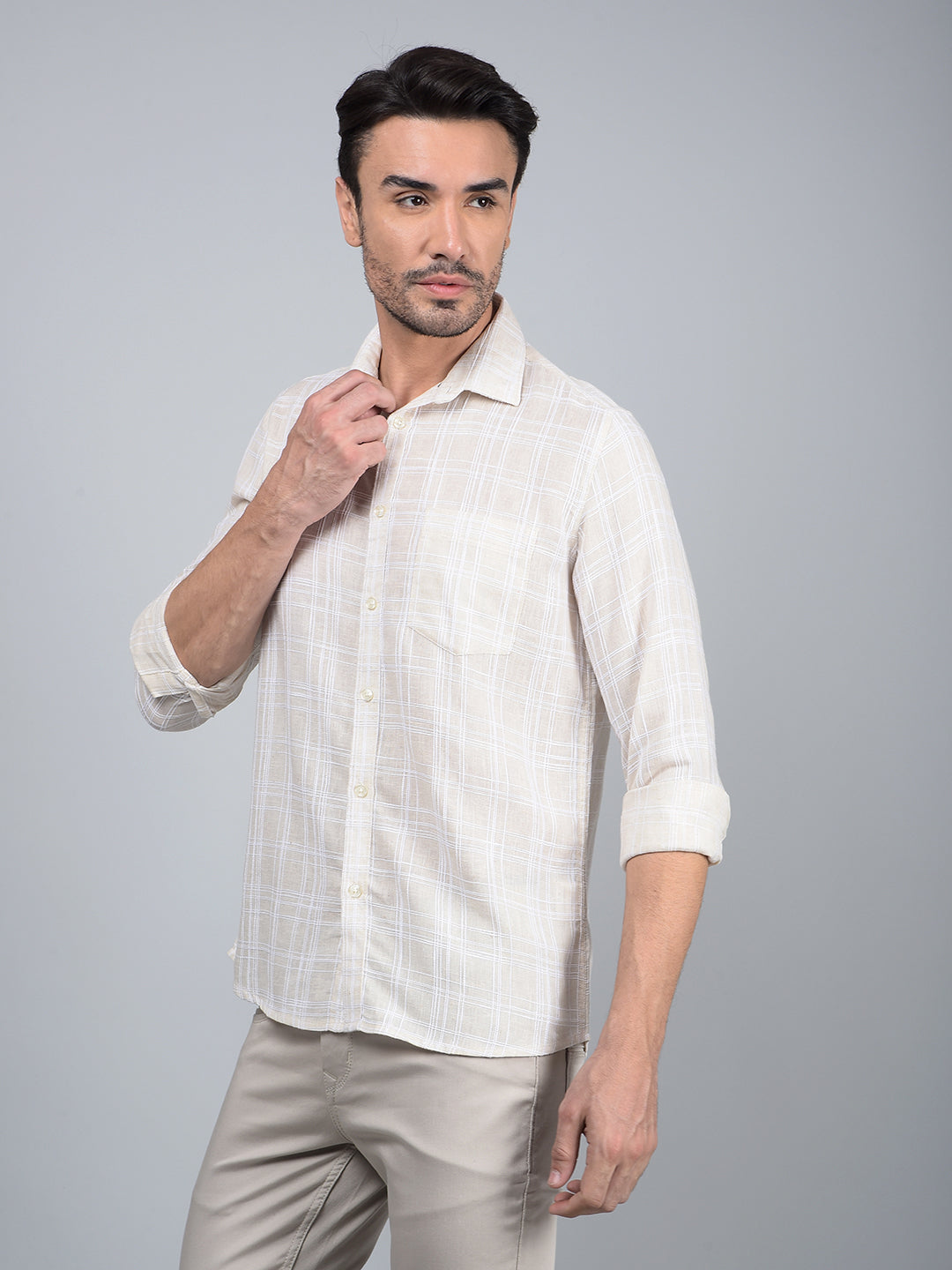 Beige Checked Linen Shirt-Men Shirts-Crimsoune Club