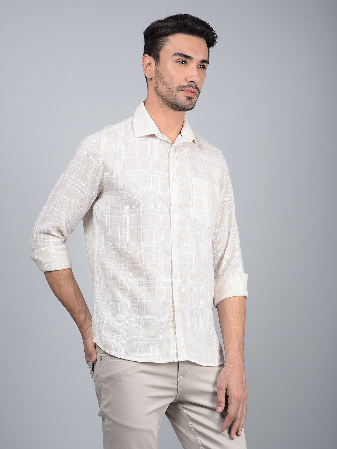 Beige Checked Linen Shirt-Men Shirts-Crimsoune Club