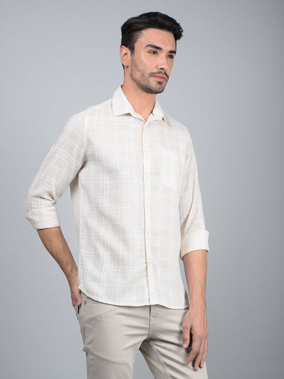 Beige Checked Linen Shirt-Men Shirts-Crimsoune Club