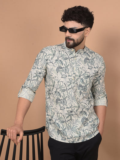 Green Floral Print Linen Kurta-Men Kurtas-Crimsoune Club