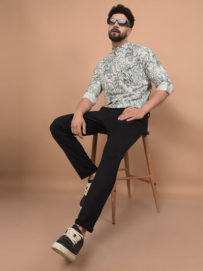 Green Floral Print Linen Kurta-Men Kurtas-Crimsoune Club