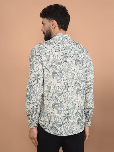 Green Floral Print Linen Kurta-Men Kurtas-Crimsoune Club