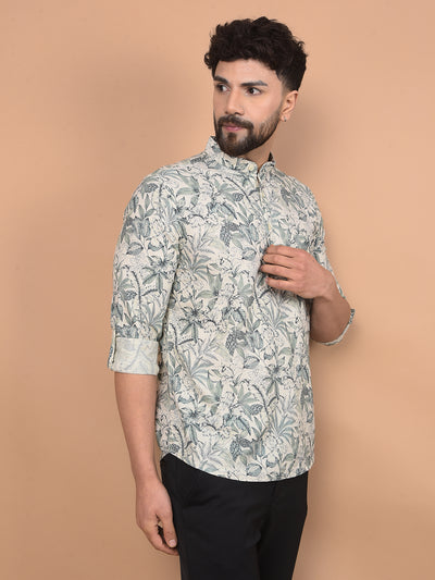 Green Floral Print Linen Kurta-Men Kurtas-Crimsoune Club