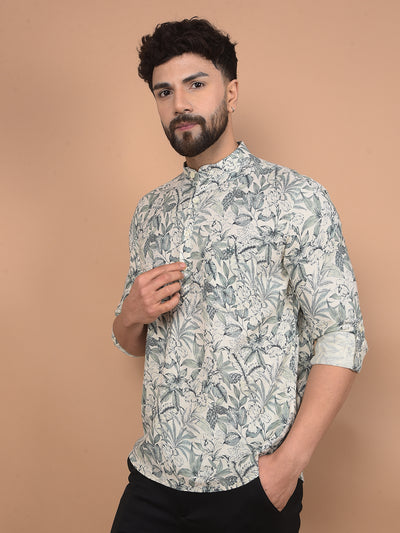 Green Floral Print Linen Kurta-Men Kurtas-Crimsoune Club