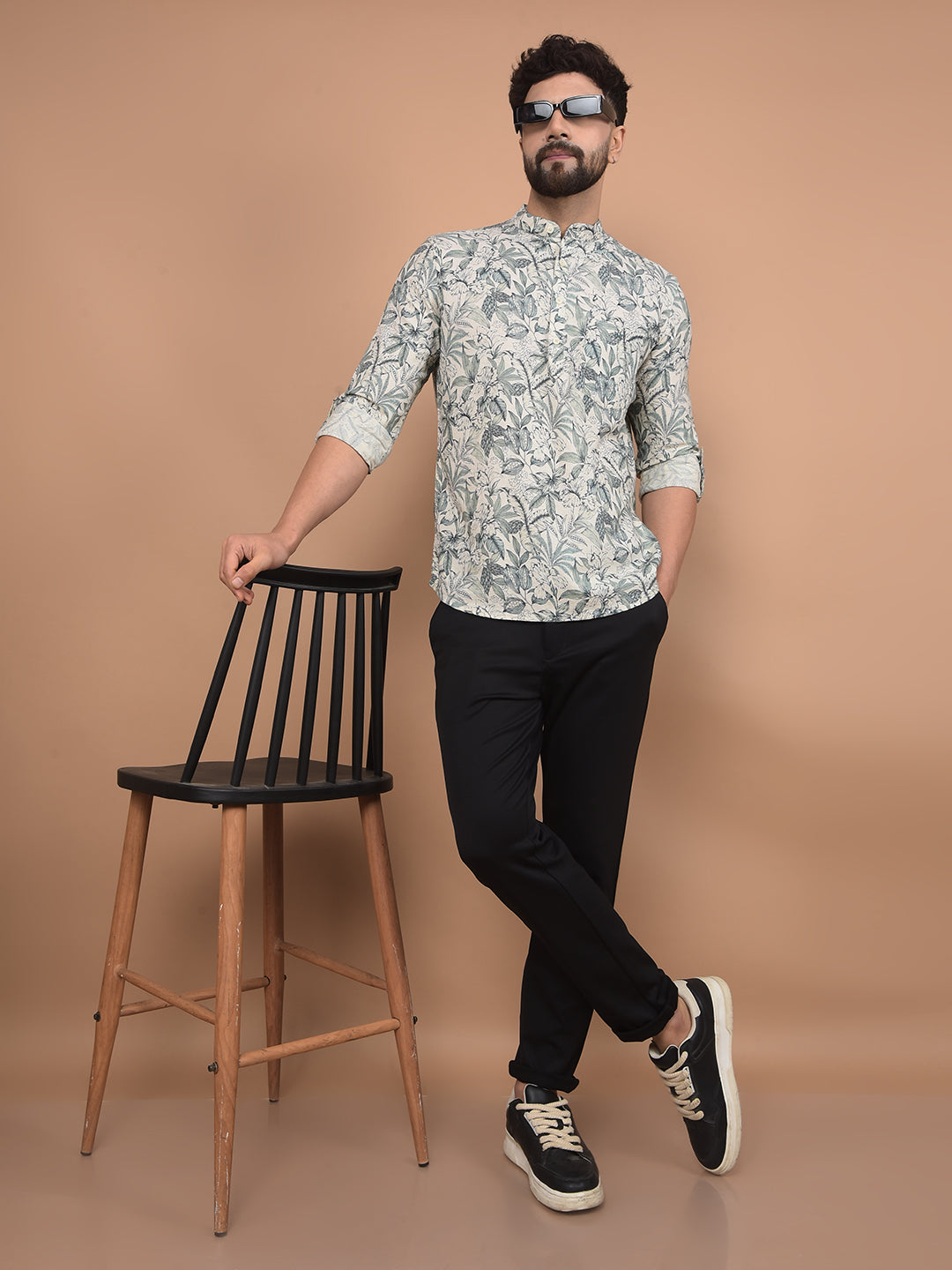Green Floral Print Linen Kurta-Men Kurtas-Crimsoune Club