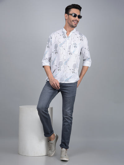 White Floral Print Linen Kurta-Men Kurtas-Crimsoune Club