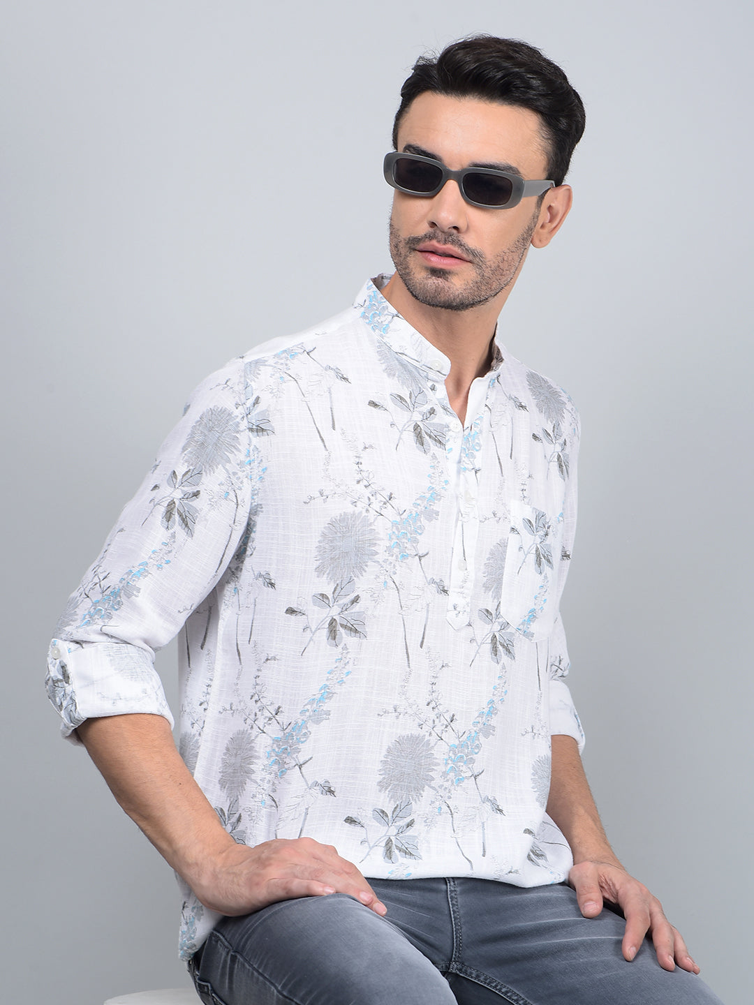 White Floral Print Linen Kurta-Men Kurtas-Crimsoune Club