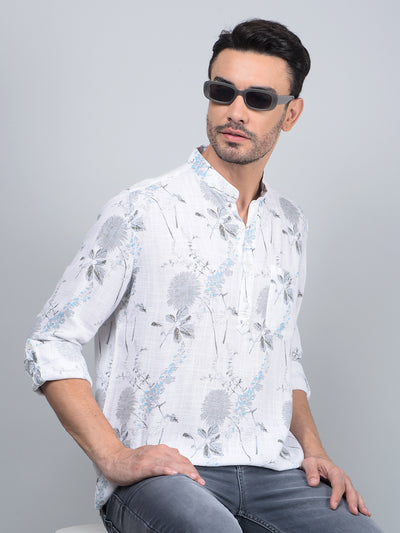 White Floral Print Linen Kurta-Men Kurtas-Crimsoune Club